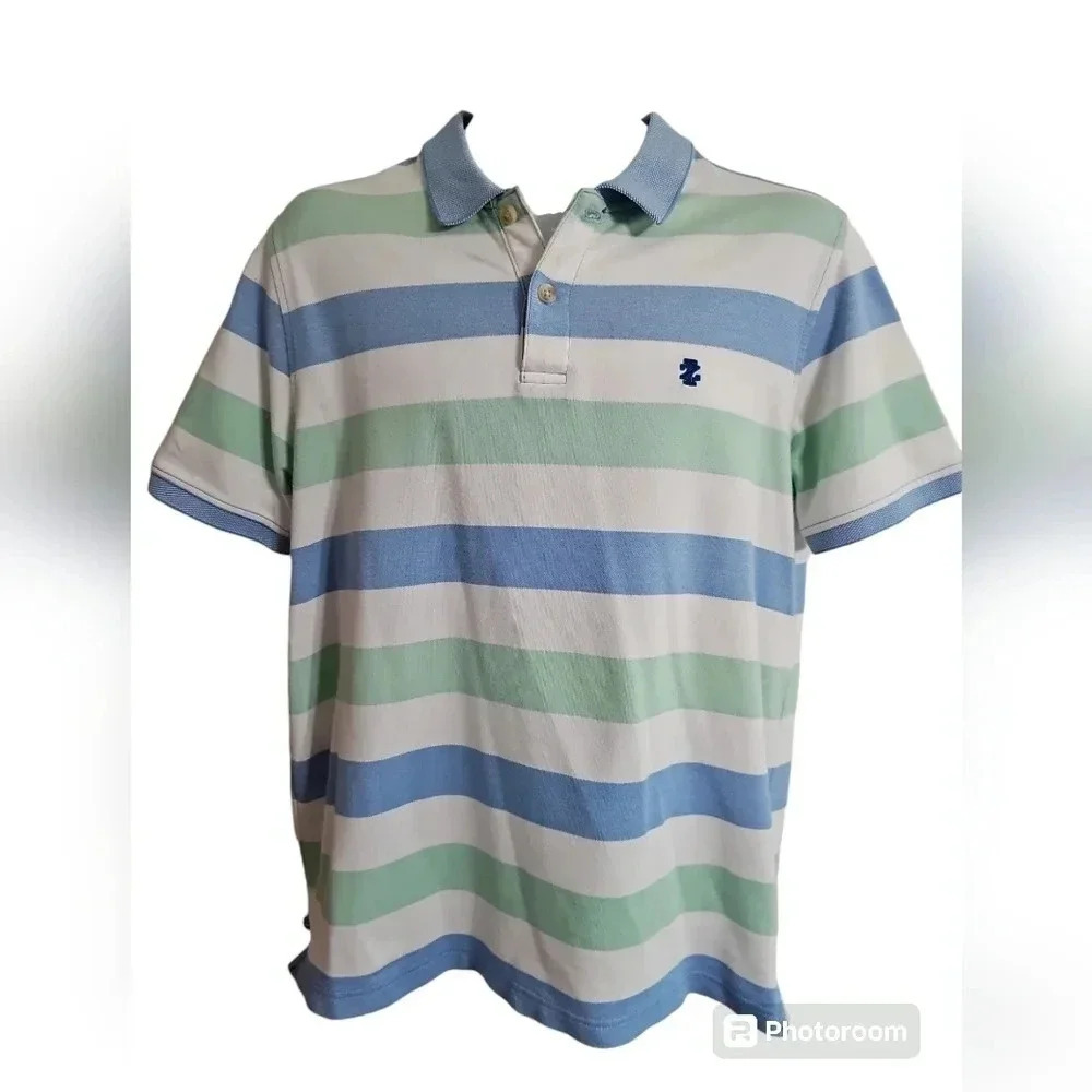 IZOD Advantage Performance Striped Polo Men Medium Blue Green Preppy Golf Y2K - Picture 2 of 7